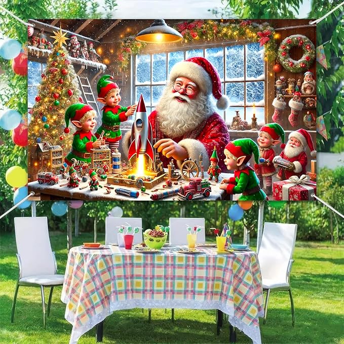 Christmas Banner Santa Claus Elves Workshop Rocket Toy Christmas Tree Stockings Garland Winter Snow Scene 71x43 Inches Indoor Outdoor Holiday Party Decoration