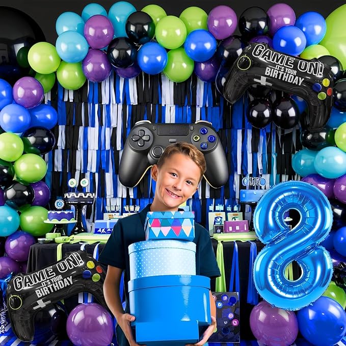 8th Birthday Video Game Balloons Arch Kit, 108pcs Blue, Black, Light Olive Green, Purple Balloons, Video Game Themed Foil Balloons, Boys Birthday Decor