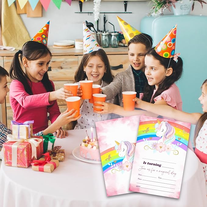 Rainbow Magical Unicorn Birthday Party Invitations - 20-Pack of 4''x6'' Invite Cards with Envelopes, Double-Sided Fill In Birthday Party Celebrate Supplies & Decoration For Girls - A07