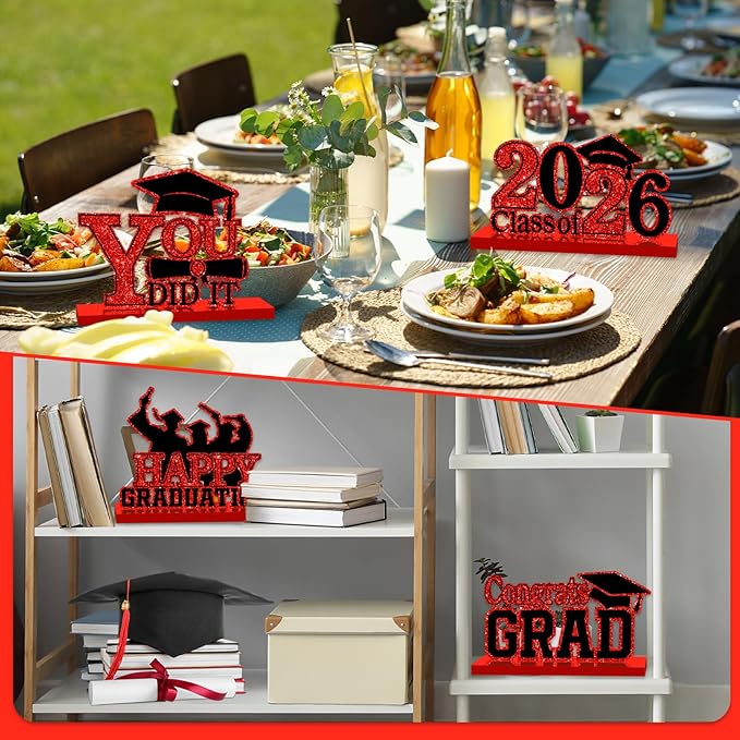 4Pcs Graduation Decorations Class of 2026 Wood Table Centerpieces Congrats Grad Wooden Sign Graduation Table Toppers Congratulate Tiered Tray Decor for 2026 Graduation Party(Red-Black)