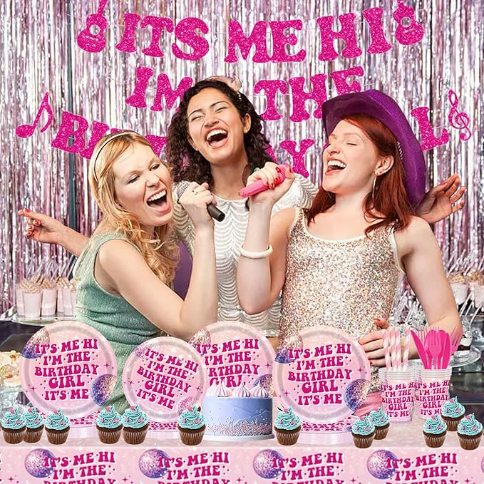 194 Pcs Its Me Hi Im The Birthday Girl Its Me Party Supplies Serve 24, Includes Plates, Cutlery, Tablecloth & Banner for Music Birthday Theme Decorations