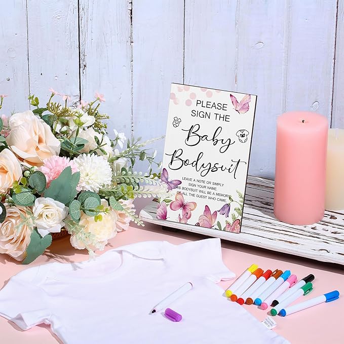 Qunclay 12 Pcs Baby Shower Game Decor with White Unisex Bodysuit Wooden Sign Tabletop Decor and Marker for Guests(Butterfly)