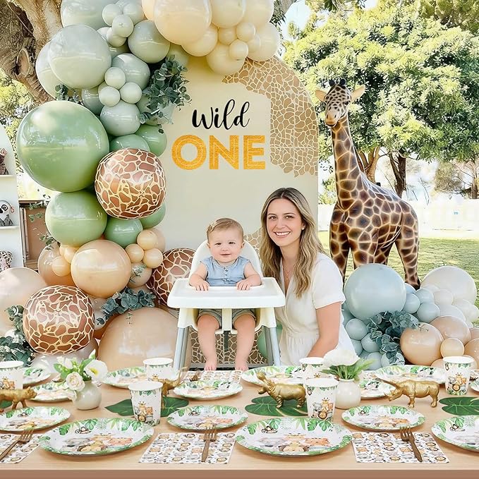 Safari Jungle Baby Shower Plates Set Decorations Wild One Birthday Party Decorations Serves 25,Sage Green Plates Napkins Cups and Forks Animals Theme Disposable Tableware Set