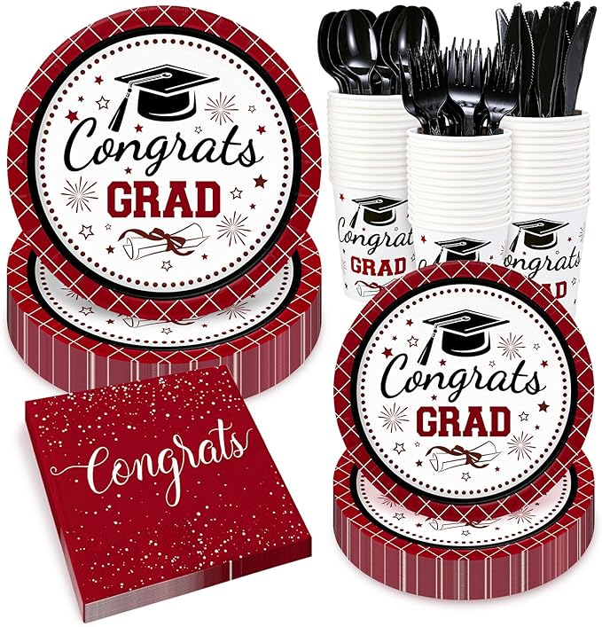 Whaline 175 Pcs Graduation Paper Plates and Napkins Set Dinnerware Maroon Congrats Grad Disposable Tableware Cups and Cutlery for 25 Guests Graduates Party Supplies