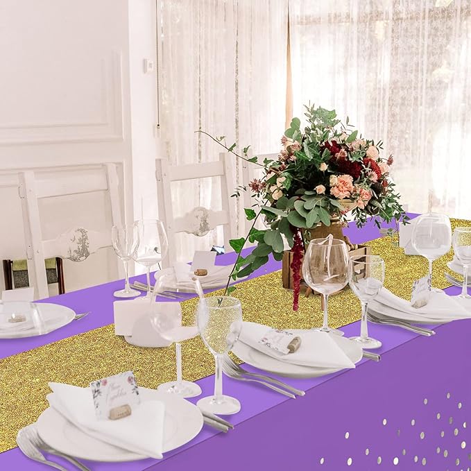 Irenare Tablecloth and Sequin Table Runner Set Polka Dots Confetti Table Cover Dining Plastic Tablecloths Glitter Decorations for Birthday Wedding Anniversary Party Supplies(Purple, Gold,2 Pcs)
