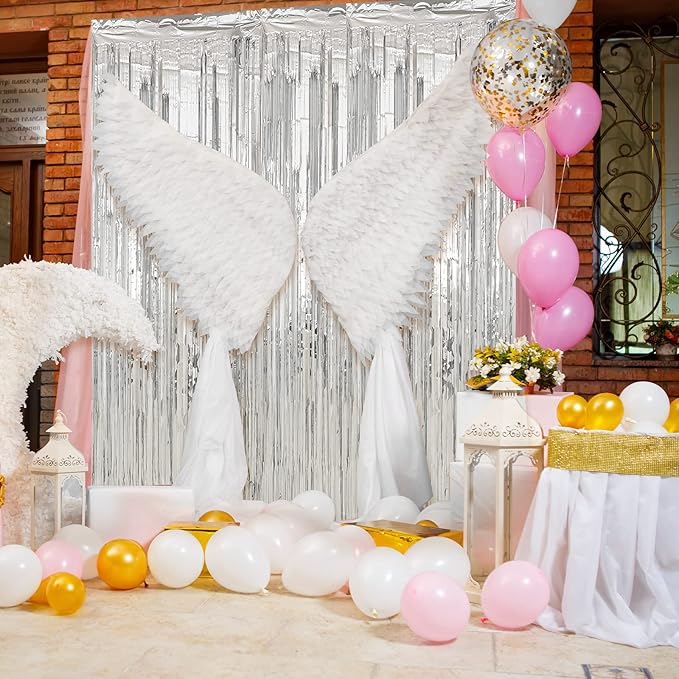 Crosize 4 Pack 3.3 x 9.9 ft Silver Foil Fringe Curtains Party Decorations, Silver Tinsel Curtain Backdrop for Parties, Door Streamers, Glitter Streamer Fringe Backdrop for Birthday Decoration