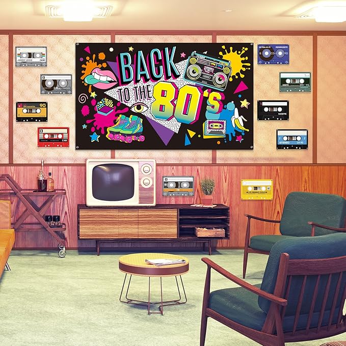 Irenare Back to the 80's Party Banner Backdrop Decorations Supplies for Photography Background, 73 x 43 x 0.04 Inch