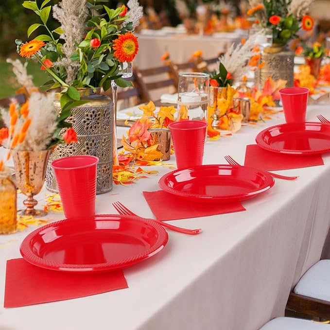 Red Plastic Plates for Party, Disposable Red 9'' Dinner Party Plate Cups Napkins Set for 50 Guests, Party Supplies Dinnerware for Christmas, Birthday,Wedding, BBQ