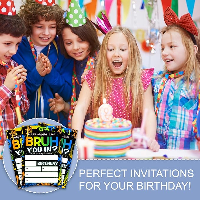 Bruh You In Theme Birthday Invitation, Boys Game Party Invitation Cards, 4 x 6 Double Sided 20 Count with Envelopes Party Supplies, Fill in Blank