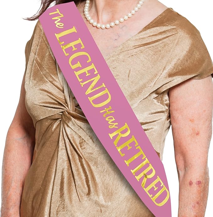 The Legend Has Retired Sash – Elegant Pink and Gold Foil Legendary Sash for Both Women and Men & a Large Gold Safety Pin. Perfect for Retirement Parties by JPACO