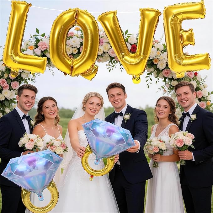 40inch Gold Love Balloons with 2pcs Diamond Ring Foil Balloons, Large Love Letters Engagement Ring Mylar Balloons for Valentines Day Wedding Bridal Shower Anniversary Proposal Marriage Decorations