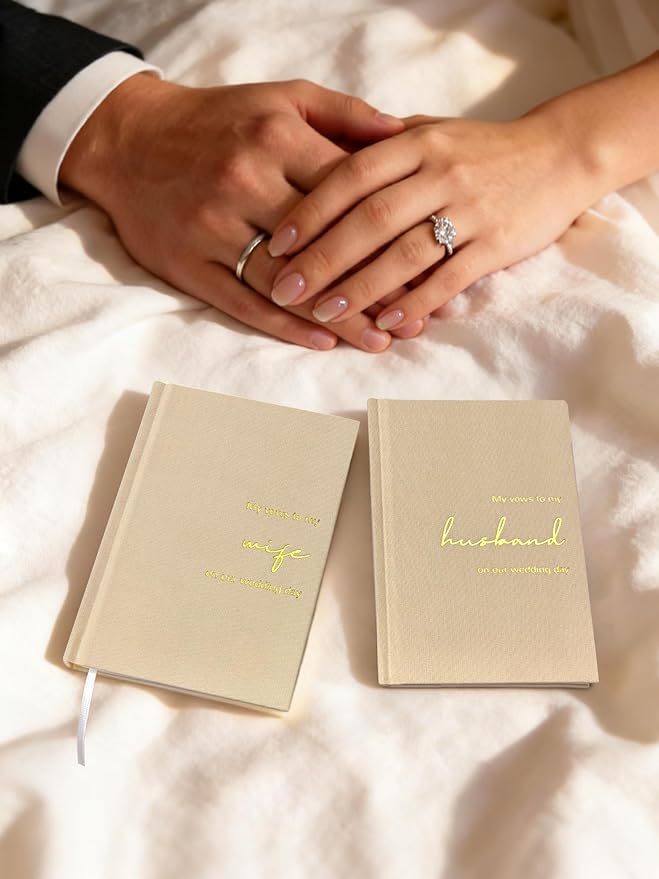 Wedding Vow Books His and Hers-Canvas Linen Foil Embossed, Set of 2 Vow Books Husband and Wife-Wedding Essentials（Beige + Beige）