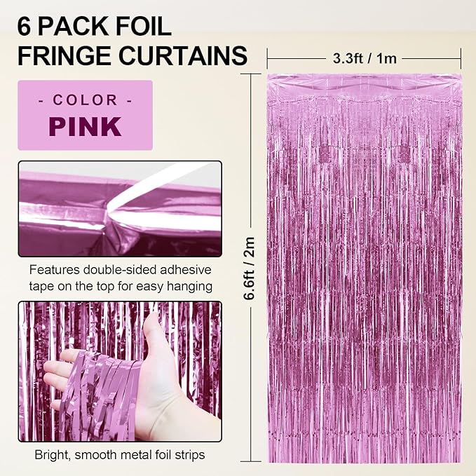 Homiest 6 Pack Pink Tinsel Backdrop, 3.3x6.6 FT Metallic Tinsel Foil Fringe Curtains Party Decorations, Birthday Door Streamers for Baby Shower Wedding, Photo Booth Props Background Wall Decor