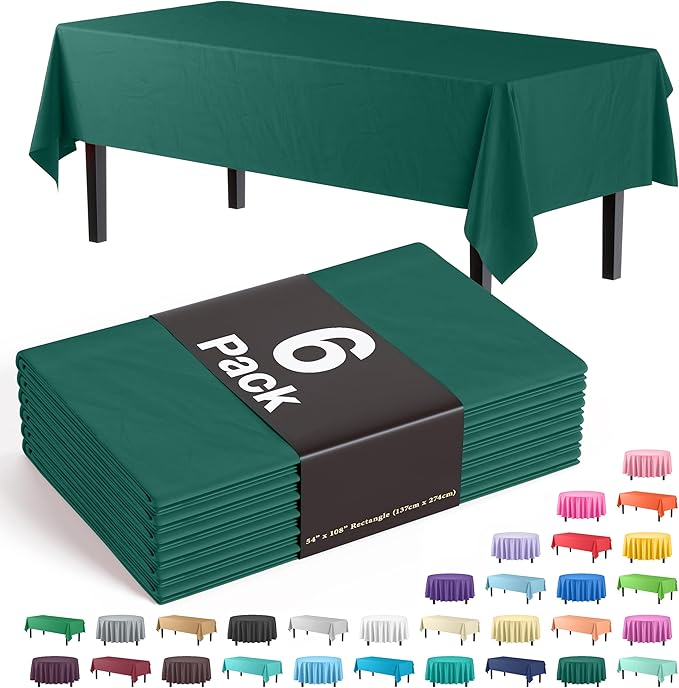 Exquisite Party Solids 6-Pack Premium Plastic Tablecloth 54in. x 108in. Rectangle Plastic Table Cover - Dark Green