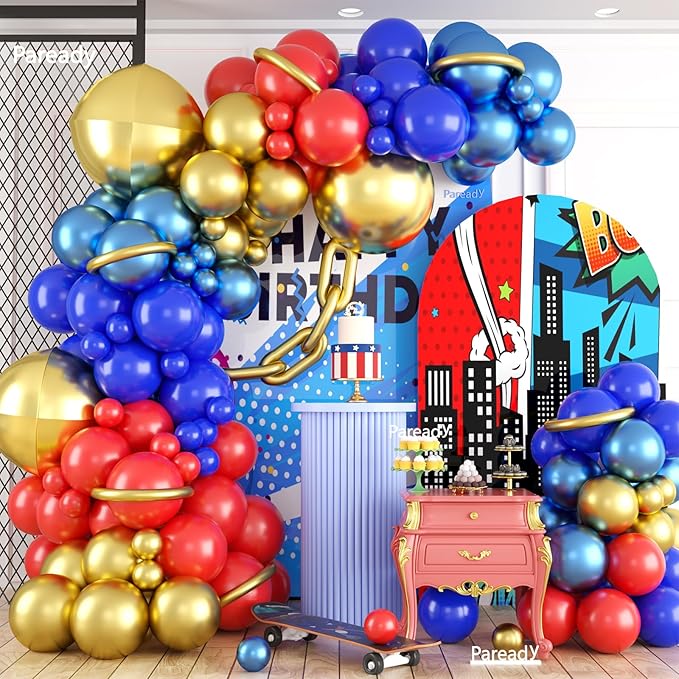 Red Blue Gold Balloon Garland Kit, 120pcs Royal Blue Red Arch Kit With Gold 4D Foil Balloon Long Balloons Different Sizes For Video Theme Birthday Baby Shower Party Graduation Game Bachelorette Decor