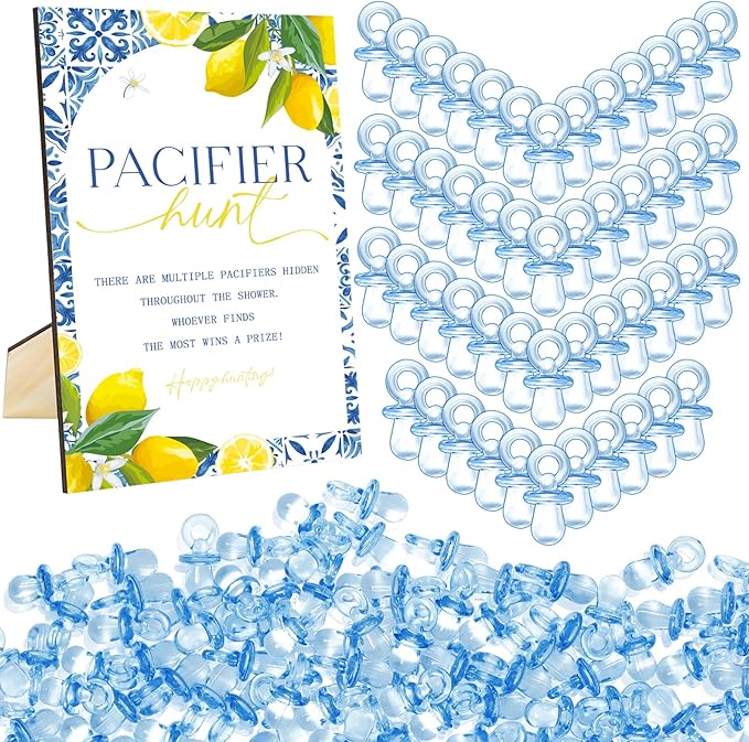 Whaline 51 Pcs Pacifier Hunt Baby Shower Game Include Tile Lemon Wooden Sign 50 Blue Plastic Pacifier for Gender Reveal Party Favor Gift Supplies