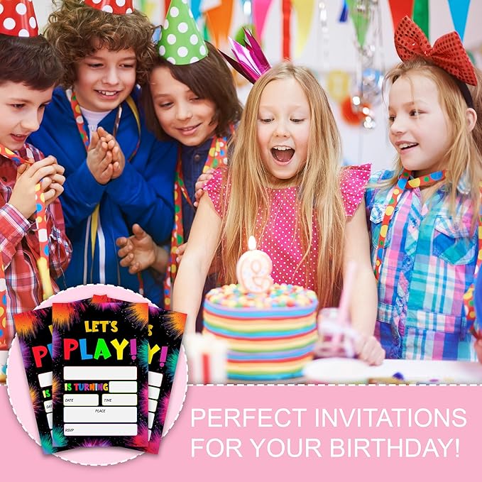 Let's Play Birthday Invitations, Colorful Splatter Design Party Invites for Boys Girls Teen Celebration, 20 Count Double Sided Cards with Envelopes, 4 x 6 Inch