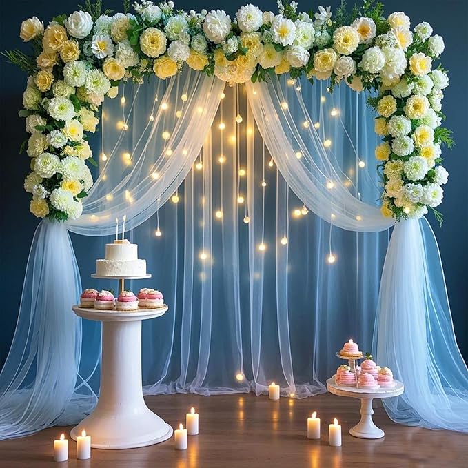 Baby Blue Backdrop Curtains for Baby Shower Decorations 10×8FT Tulle Backdrop Curtain with Lights for Boy Parties Elephant Birthday Party Photo Shoot Backdrop Background Decorations (2 Panels 4×10ft)