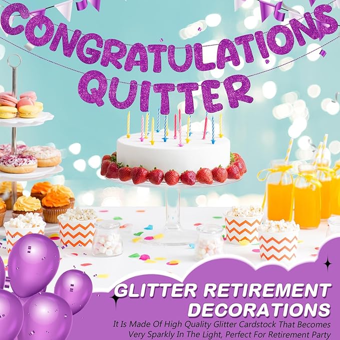 Fulmoon Pre Strung Congratulations Quitter Glitter Banner Funny Retirement Banner Graduation Party Decorations Going Away Supplies Garland for Men Women Gifts, No DIY(Purple)