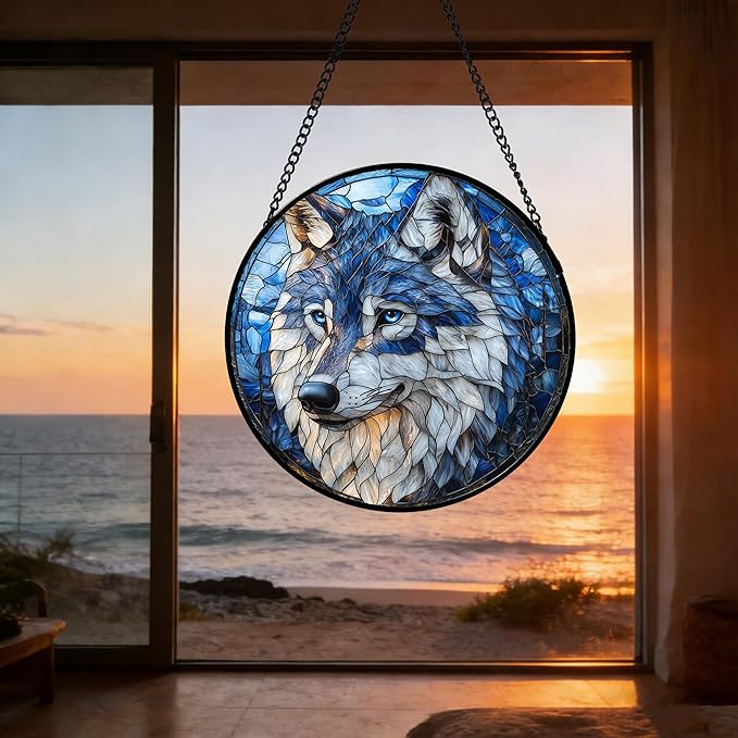 Stained Glass Window Hanging - Funny Wolf Suncatcher Ready to Hang Window Doors Home Decoration and Christmas, Mother's Day Birthday Gifts for Women, Men, and Mom 6.3x6.3 in