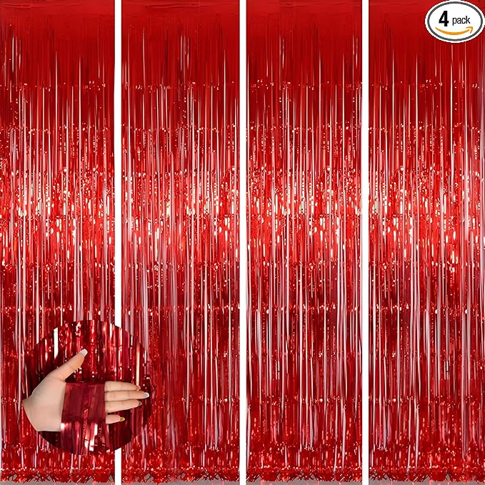 Valentines Day 4 Pack 3.3 * 8.3 ft Foil Curtain Metallic Tinsel Fringe Curtains Photo Booth Props Backdrop for Birthday Wedding Engagement Baby Shower Christmas Holiday Celebration Partyl,Red
