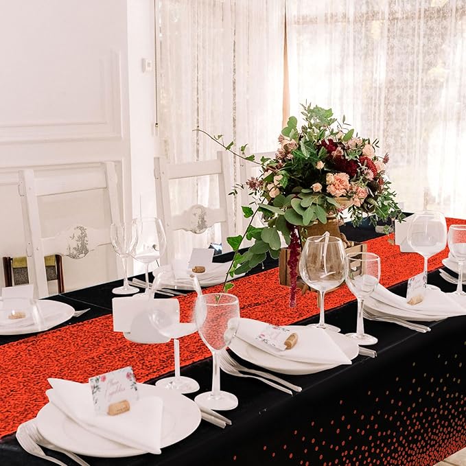 Irenare Tablecloth and Sequin Table Runner Set Polka Dots Confetti Table Cover Dining Plastic Tablecloths Glitter Decorations for Birthday Wedding Anniversary Party Supplies(Black, Red,2 Pcs)