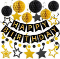 Happy Birthday Decorations Happy Banner with Honeycomb Balls, Swirls Set Happy Decorations Sign for Men Women Boys Girls Birthday Party Supplies Kit for Indoor Outdoor