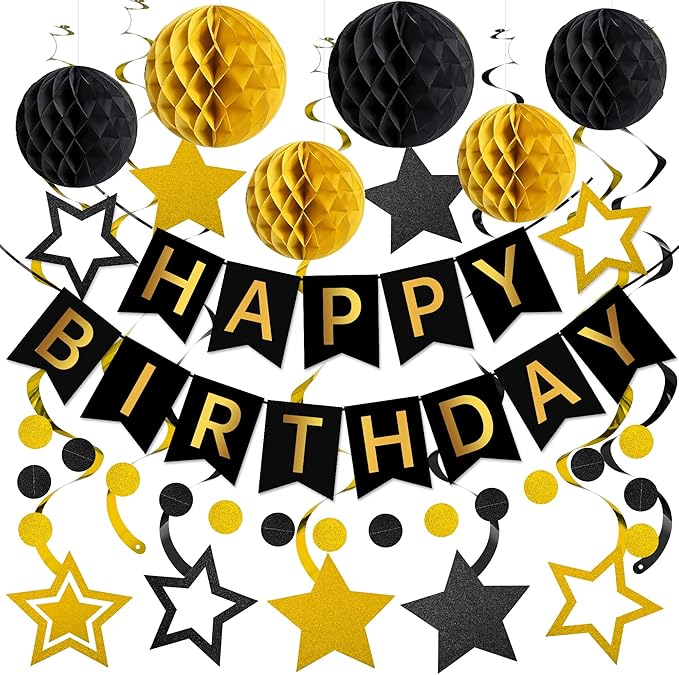 Happy Birthday Decorations Happy Banner with Honeycomb Balls, Swirls Set Happy Decorations Sign for Men Women Boys Girls Birthday Party Supplies Kit for Indoor Outdoor