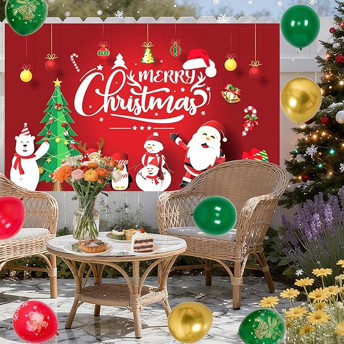 Christmas Party Decorations, Balloon Arch Garland Kit for Kids with Green Red Balloons, Merry Christmas Backdrop Banner Tablecloths Hanging Swirls Pendant for XMAS Decorations Supplies