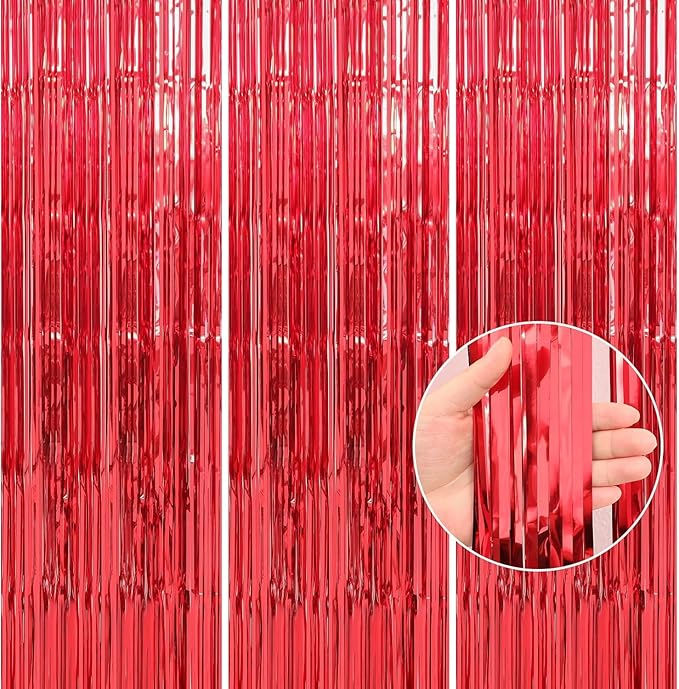 Crosize 8 Pack 3.3 x 9.9 ft Red Foil Fringe Curtains Party Decorations, Tinsel Curtain for Birthday Bachelorette Valentines Day Graduation Parties, Door Streamers