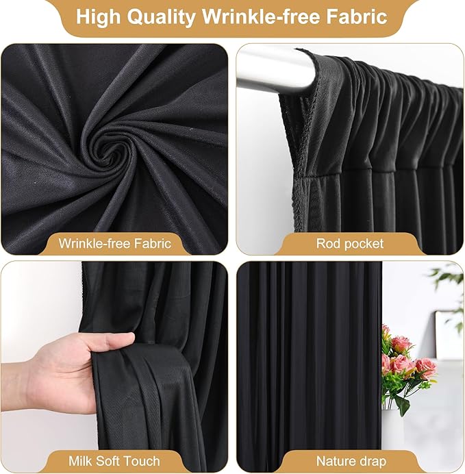 8x10FT Black Backdrop Curtains for Wedding Parties, Wrinkle Free Polyester Photo Backdrop Drapes for Graduation Photography Baby Shower Birthday Stage Background Stand Decorations 4x10ft,2 Panels