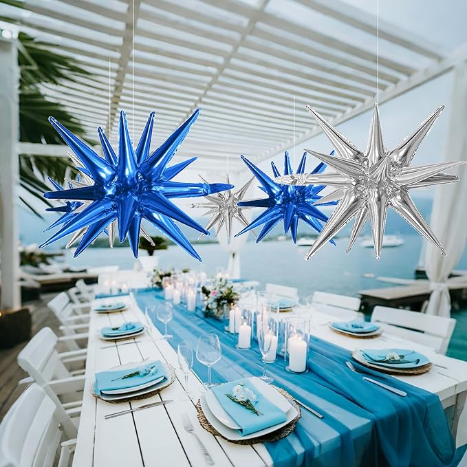 6PCS Blue Silver Star Balloons, 22Inch Large Navy Blue Silver Star Shaped Balloon Foil Spike Balloon Cone Balloons for Graduation Birthday Baby Shower Party Decorations