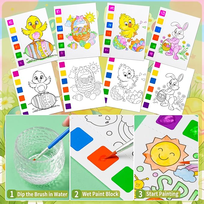 Rotu Easter Basket Stuffers Essentials 30 Packs(274Pcs) Mess Free Watercolor Coloring Books with Easter Cards for Kids, Easter Classroom Gifts for Kids Crafts Games Party Favors for Kids