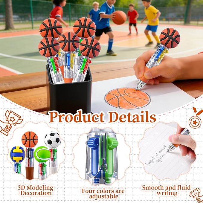 CZWZ 30Pcs Mini Multicolor Pens in One 4-in-1 Cute Pens Bulk for Kids, Ballpoint Pen for Birthdays and Children's Parties, Fun Gifts Assorted Ink Kawaii Pen(Basketball)