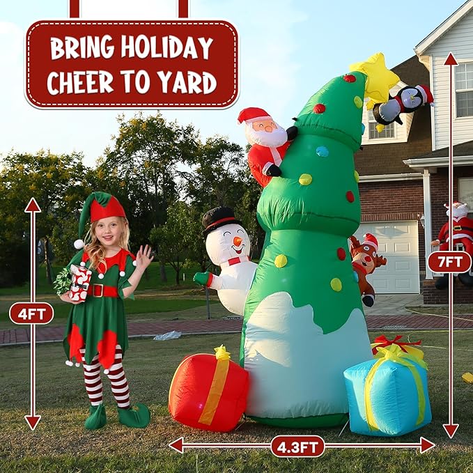 JOYHALO 7FT Inflatable Christmas Tree with Santa Snowman Penguin Reindeer Gift Box, Christmas Inflatables Outdoor Decorations with Bright LED Lights, Christmas Blow Up for Indoor, Lawn, Party Decor