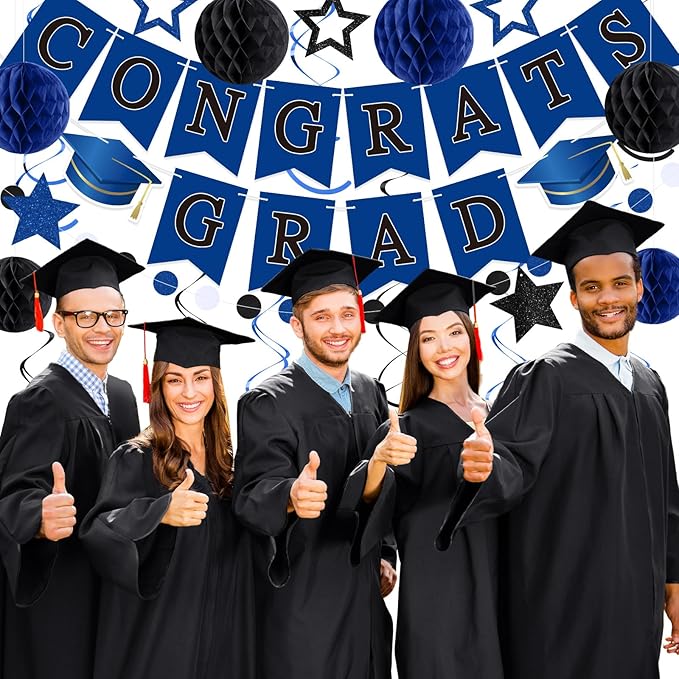 Blue and Black Congrats Grad Banner 2026 Graduation Decorations with Hanging Swirl Honeycomb Ball Circle Garland Grad Party Favor Supplies for College Senior High School Classroom Decor