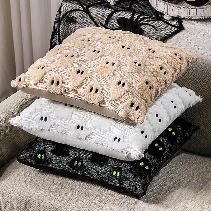 DFXSZ Halloween Pillow Covers 20x20 inch Set of 2 Black Ghost Throw Pillow Cases Soft Plush Faux Fur Wool Couch Cushion Case for Chair Sofa Bedroom Living Room Home Decor PTK03F20