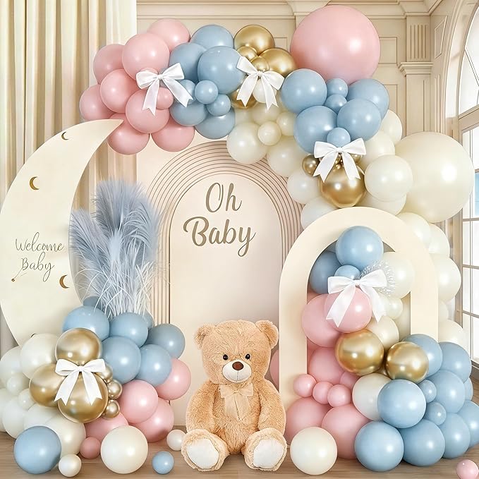 Baby Pink Blue Gender Reveal Balloon Garland Arch Kit, 120pcs Dusty Blue Pink Cream and Pastel Gold Balloons for Boho Neutral Oh Baby Shower Birthday Decor Gender Reveal Party Decorations Supplies