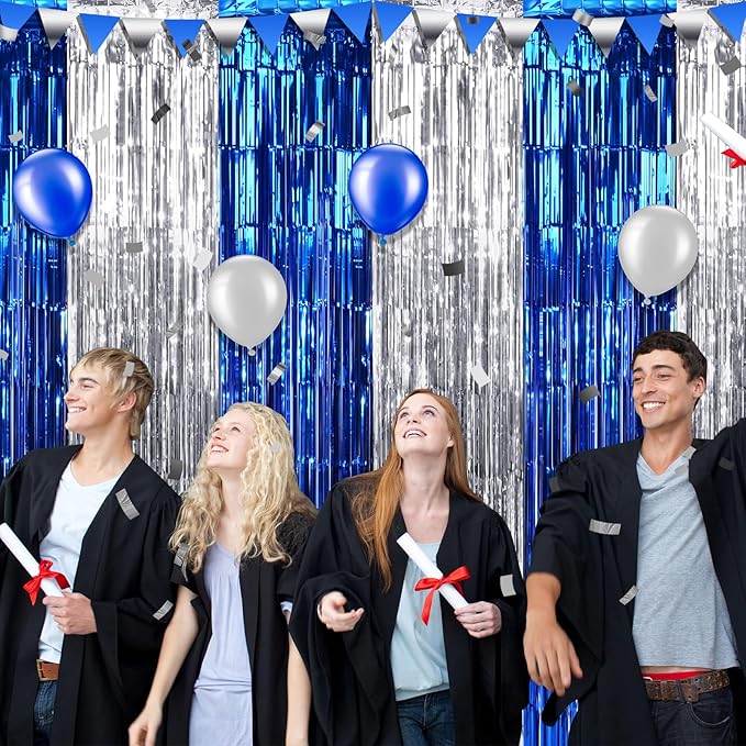 6Pack 3.3Ft x 6.6Ft Graduation Foil Fringe Curtain Backdrop Decorations, Blue Silver Metallic Tinsel Foil Streamers Curtain Photo Booth Background for Graduation Prom Wedding Birthday Party Decoration