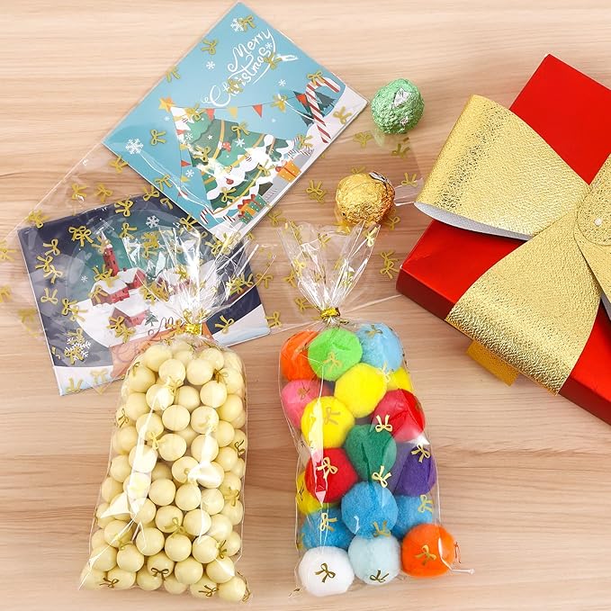 Clear Gift Bags, 4X9 In 100 PCS Cello Cellophane Treat Bags Party Favor Bags Clear Candy Cookie Bags Plastic Poly Goodie Bags with Twist Tie for Birthday,Baby shower,Wedding (Gold Bow)