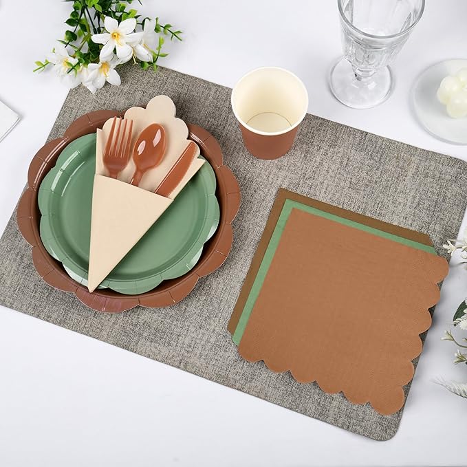 350 Pcs Woodland Baby Shower Party Supplies Set - Sage Green and Brown Paper Plates and Napkins Set Include Scalloped Paper Plate Napkin Cup Spoon Fork Knife for Safari Jungle Baby Shower Decorations