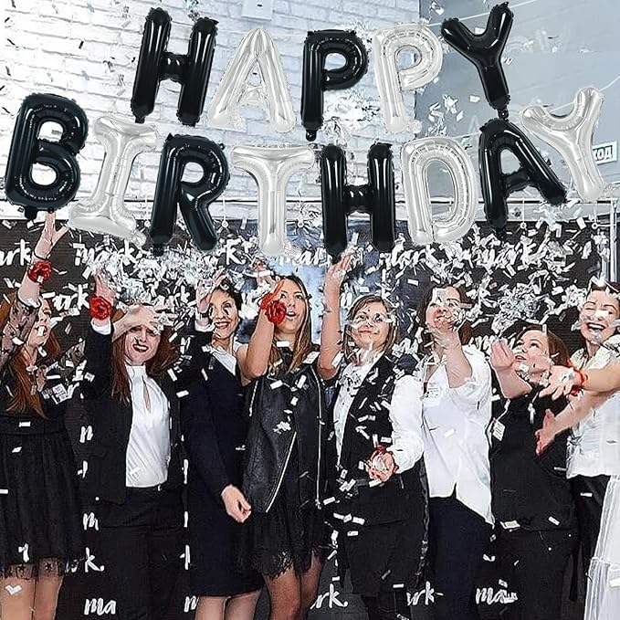 TONIFUL Happy Birthday Balloons Banner with Ribbon Straw, 16 Inch Mylar Letters Birthday Sign Banner Balloon Bunting Reusable for Girls Boys Kids & Adults Birthday Halloween Supplies（Black Silver）
