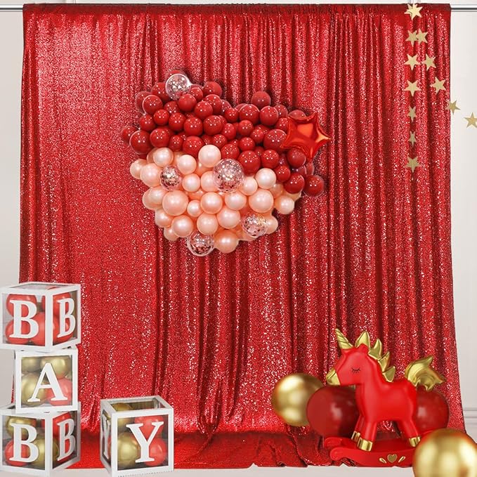 PartyDelight Red Sequin Backdrop 6x8ft - High Density 3mm Shimmer Sequin Background with 4-Inch Rod Pocket, Sparkly Photography Curtain for Birthday, Christmas, TikTok & Live Decor