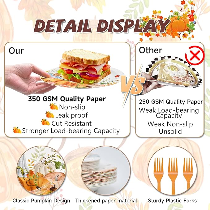 96 Pieces Thanksgiving Fall Plates and Napkins Tableware Set, Colorful Pumpkin Maple Disposable Dinnerware with Paper Plates, Napkin, and Fork for Thanksgiving Autumn Harvest Party Supplies- Serves 24