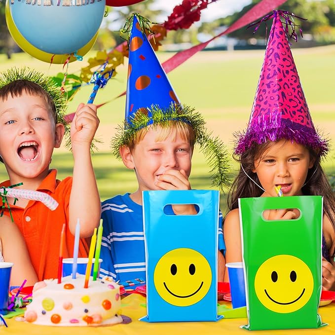 Whaline 200Pcs Rainbow Smile Face Party Favor Bag Colorful Plastic Treat Bags with Handles Candy Goodie Bags for Birthday Baby Shower Snack Cookie Packing