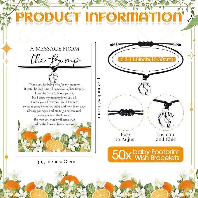 Thyle 50 Set Little Cutie Baby Shower Favors for Guests Adjustable Bracelets with Message from the Bump Card Footprints Charm Baby Shower Bracelets for Gender Reveal Thank You Gifts