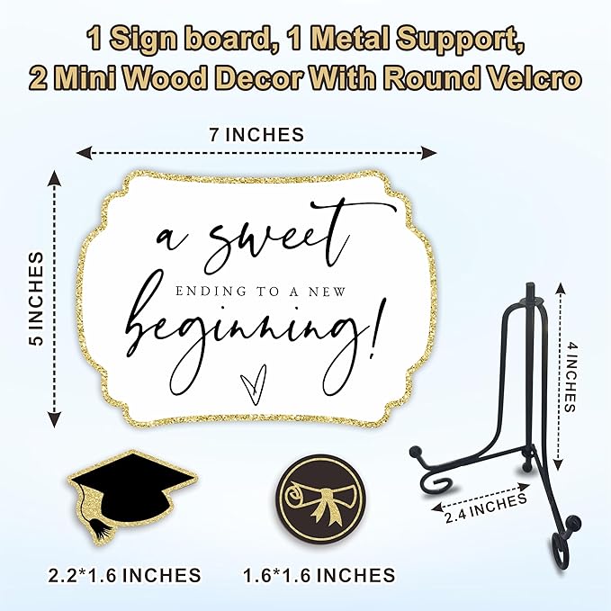 Gold Graduation Wooden Buffet Sign - A Sweet Ending To A New Beginning - 5"X7" Candy Sign With 1 Metal Support，2 DIY Wood Decor With Velcro, Grad Party Decor & Supplies - B03