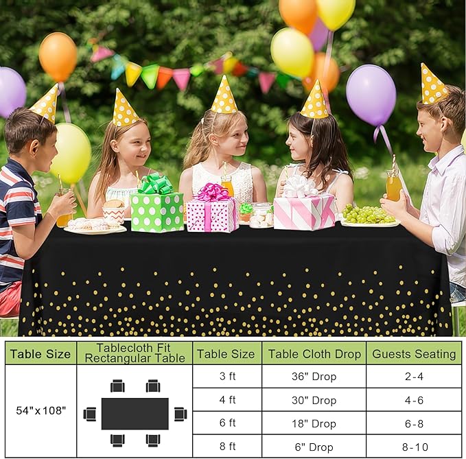 Smiry Disposable Table Cloth - 6 Pack, 54 x 108 Inch Waterproof Rectangle Tablecloths for Parties, Decorative Plastic Table Cover, Leakproof & Sturdy, Black & Gold
