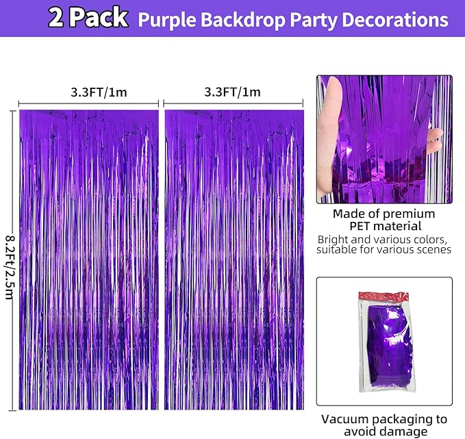 Purple Backdrop Party Decorations 3.3x8.2ft, 2 Pack Foil Fringe Curtains Door Streamers for Easter Decor, Purple Tinsel Backdrop for Demon Hunters Birthday Graduation Baby Shower Halloween Christmas