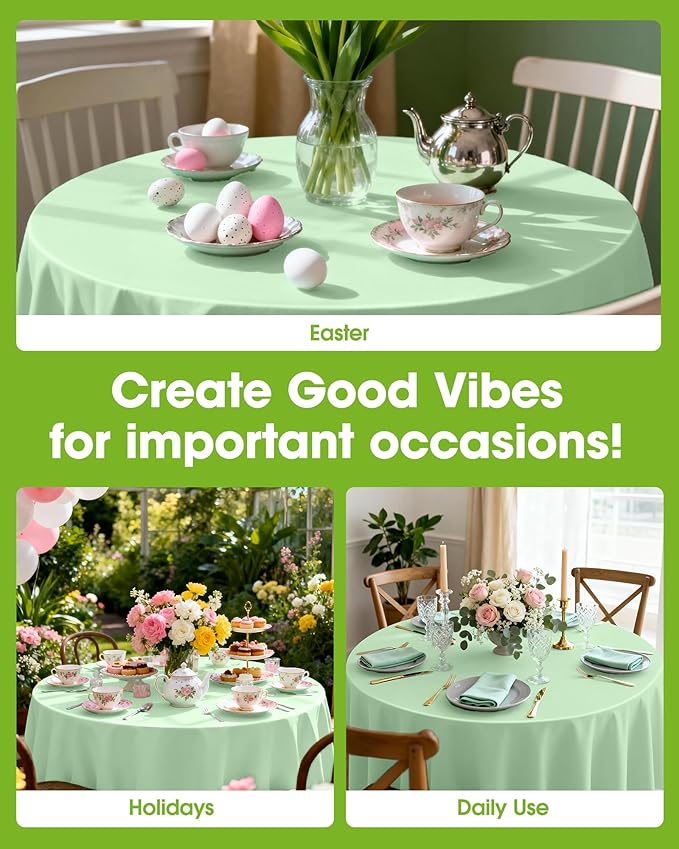 Pureegg Plastic Table Cloth Disposable 8 Pack, 84'' Round Table Cloths, Easter Party, Decorative Tablecloths, Round, Light, Pastel Plastic Cover, Leakproof & Sturdy, Sage Green